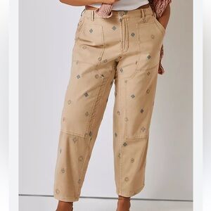 Anthropologie Pilcro Roamer Boho Cargo Utility Khaki Embroidered Pants Size 27